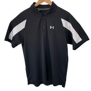 Under Armour HeatGear Polo Mens LARGE Regular Fit Shirt Black w Stripe